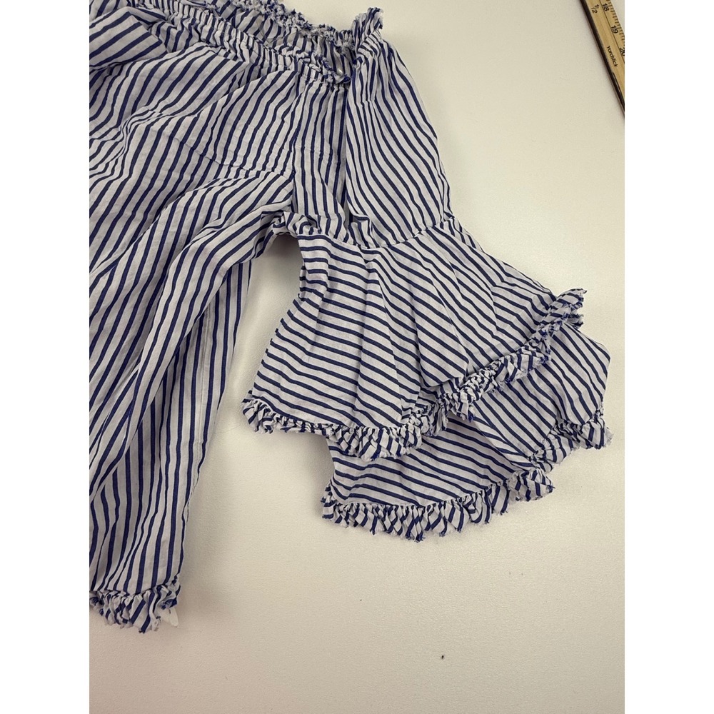 New York & Company Blue White Striped Off Shoulder Ruffle Bell Sleeve Blouse